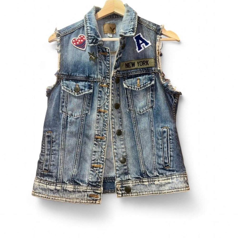 American Eagle Outfitters Blue Denim Vest with Patches Size XS
